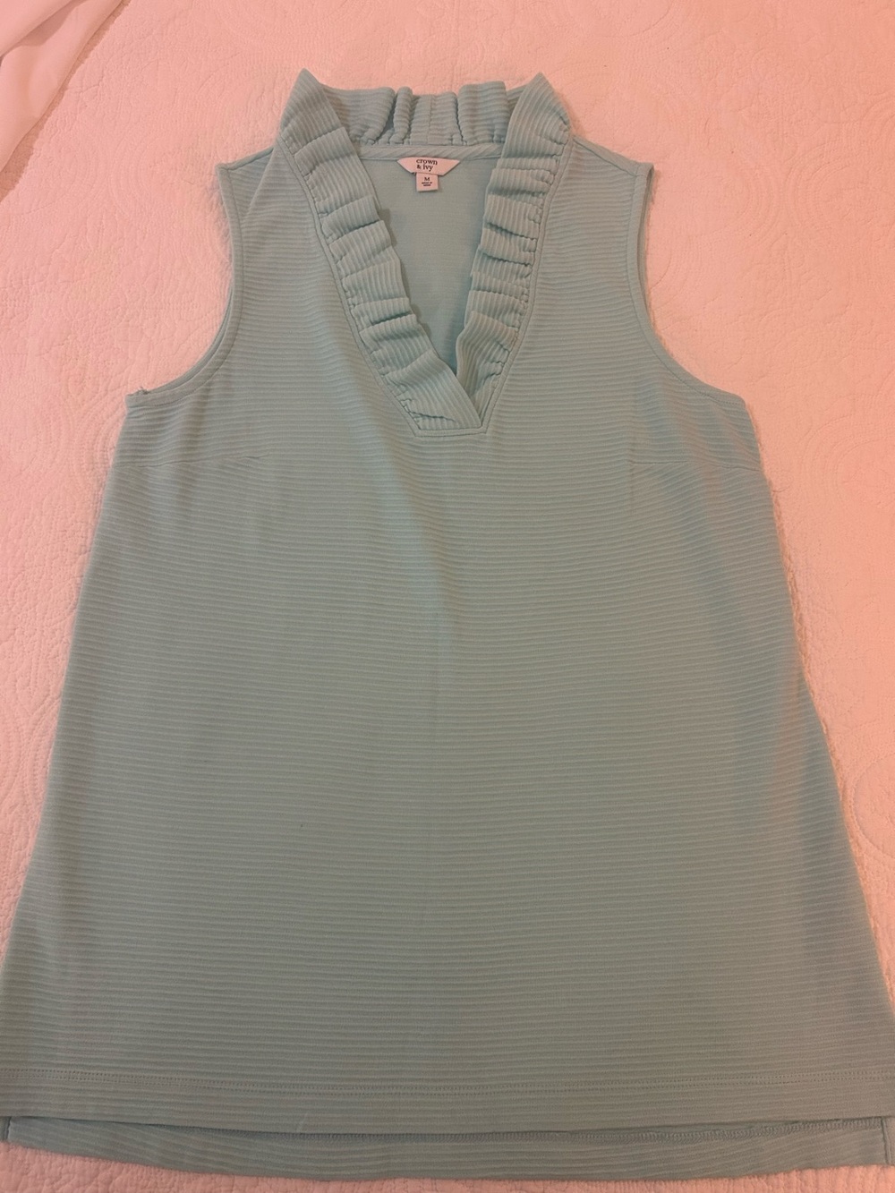 Crown and Ivy  Sleeveless Ruffle V-Neck Top - Light Blue/Turquoise.